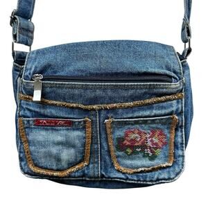 Denim Blues Crossbody Bag with Floral Embroidery Retro